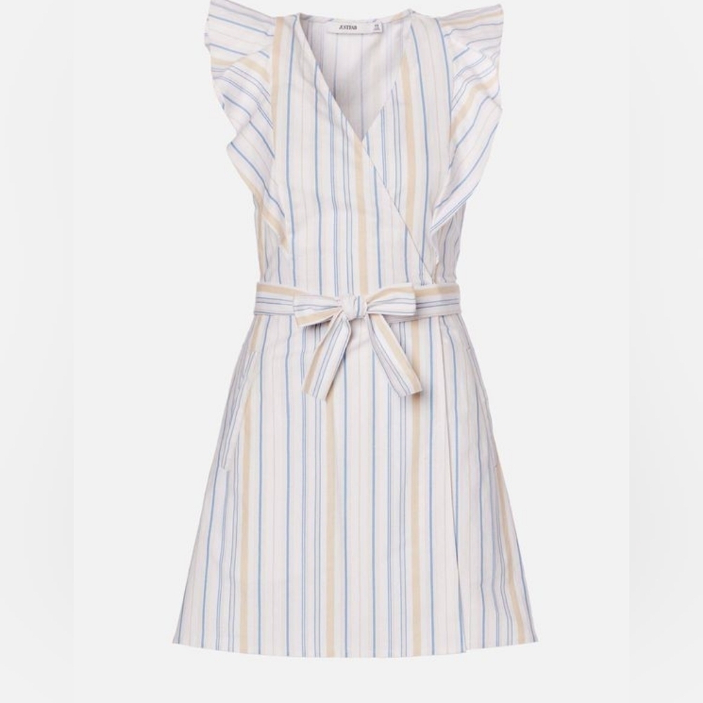 JustFab White and Blue Ruffled Sheath Dress